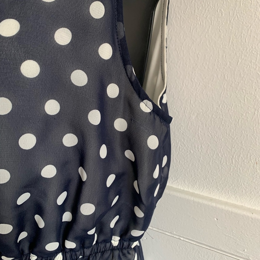 Vintage Inspired-Kismet Navy and White Polka Dot Sleeveless Midi Dress - Picture 5 of 11